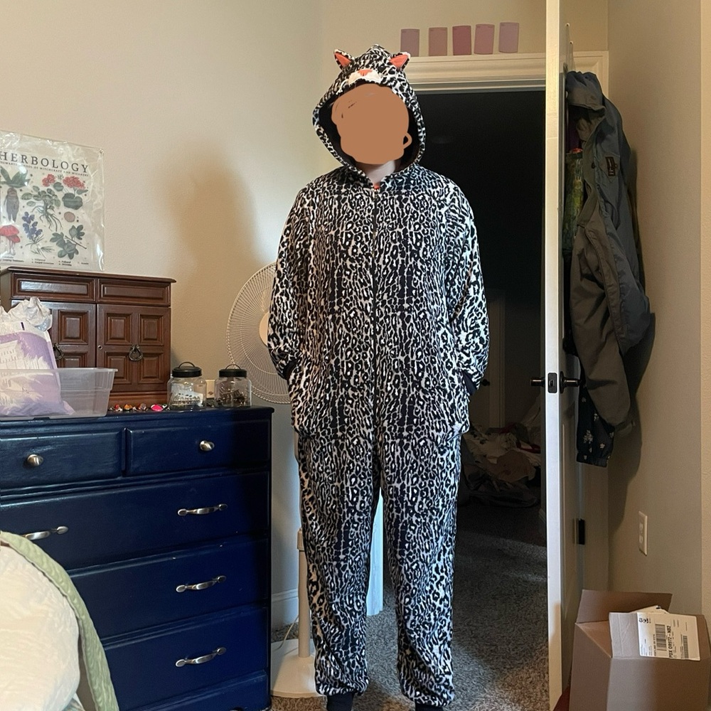 Leopard Print Onesie with hood, zipper, and pockets